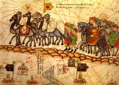 Керван с камили и конници по Пътя на коприната, рисунка от Каталонския атлас от 1375 г.